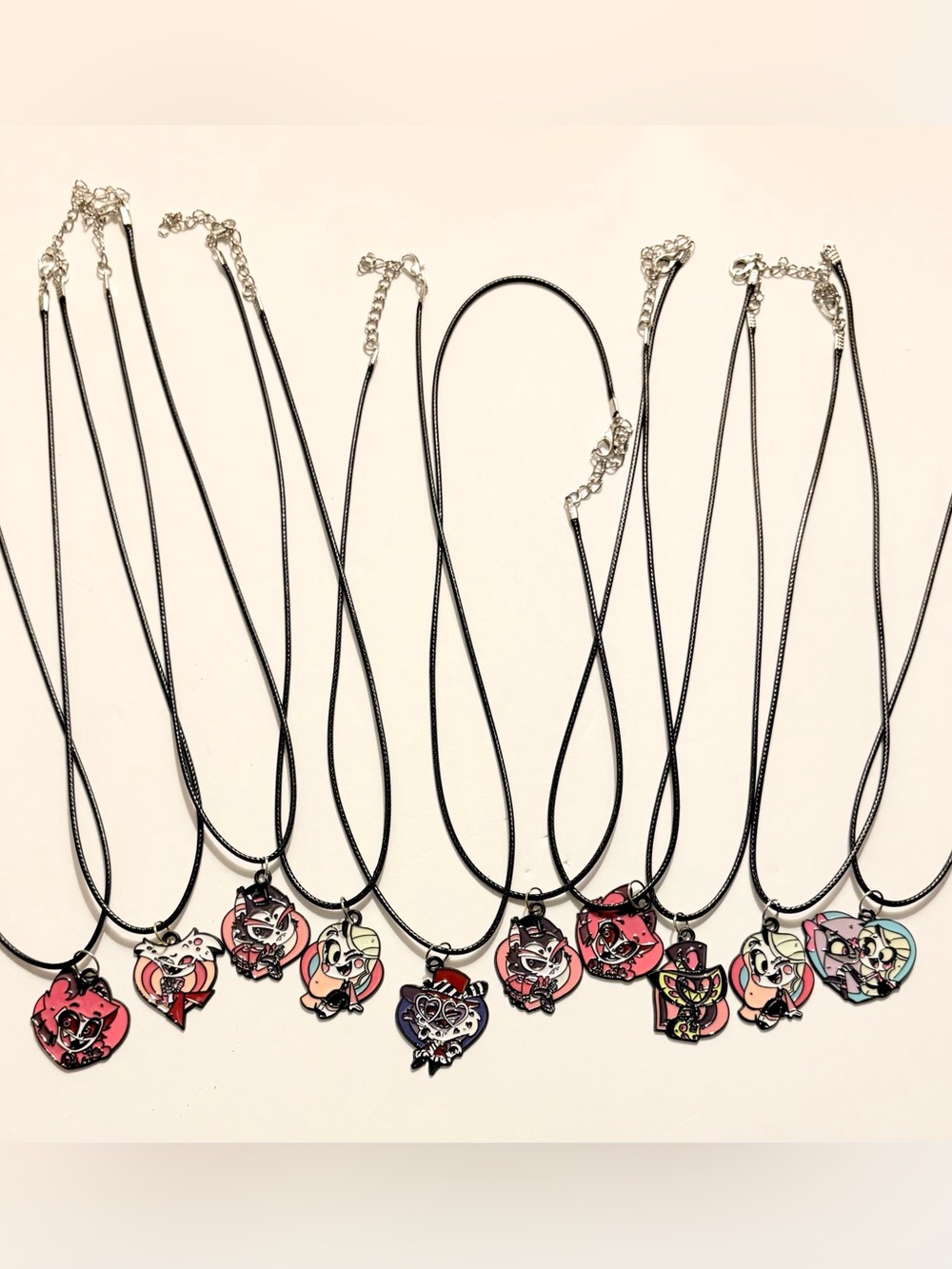 Bundle of 10 Black Cord Necklace with Colorful Enamel Heart & Character Pendants